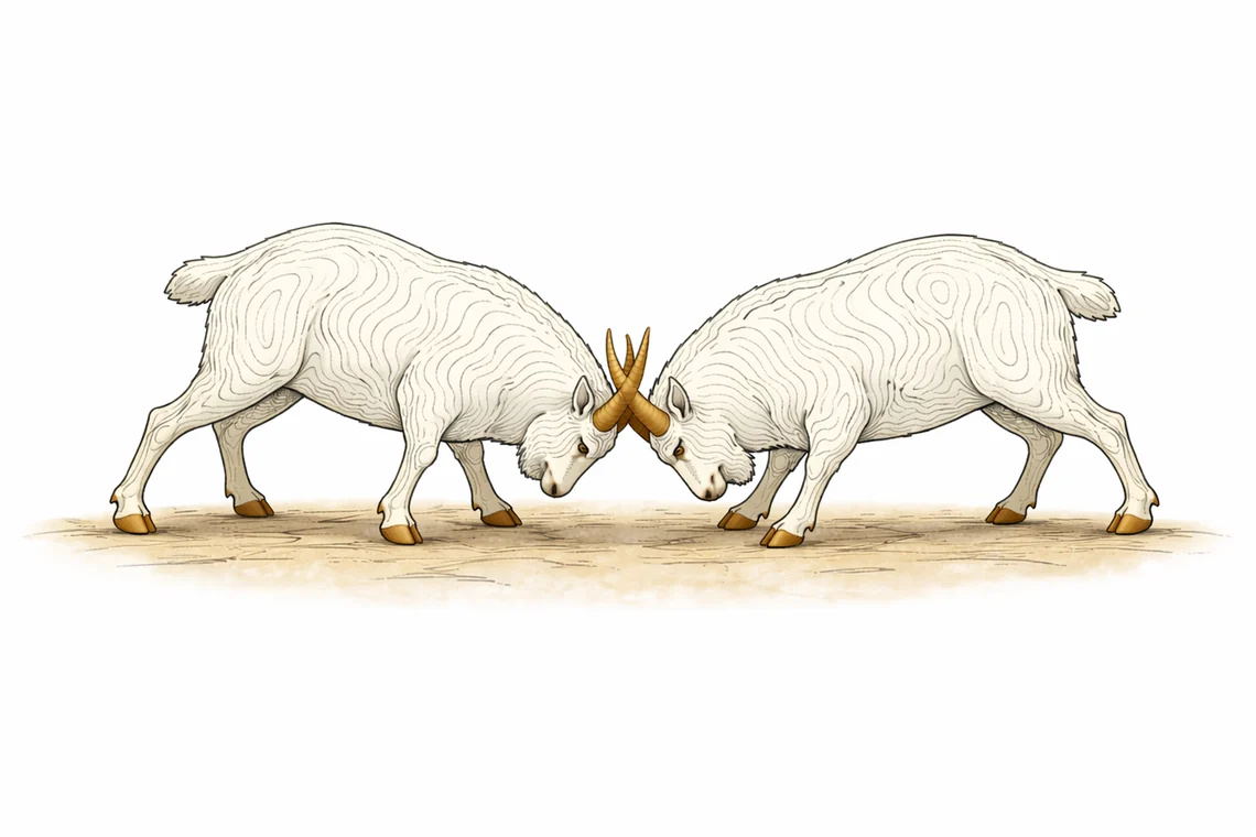 Two cashmere goats butting heads